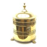 Victorian brass coal bin and cover, of cylindrical form with pierced and beaded bands,