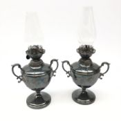 Pair Victorian James Dixon & Sons Britannia metal oil lamps,