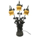 Art Nouveau style figural three branch table lamp with frill glass shades,