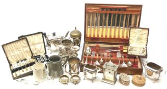 Robert Blandford silvered brass carriage clock, three piece silver-plated tea set,
