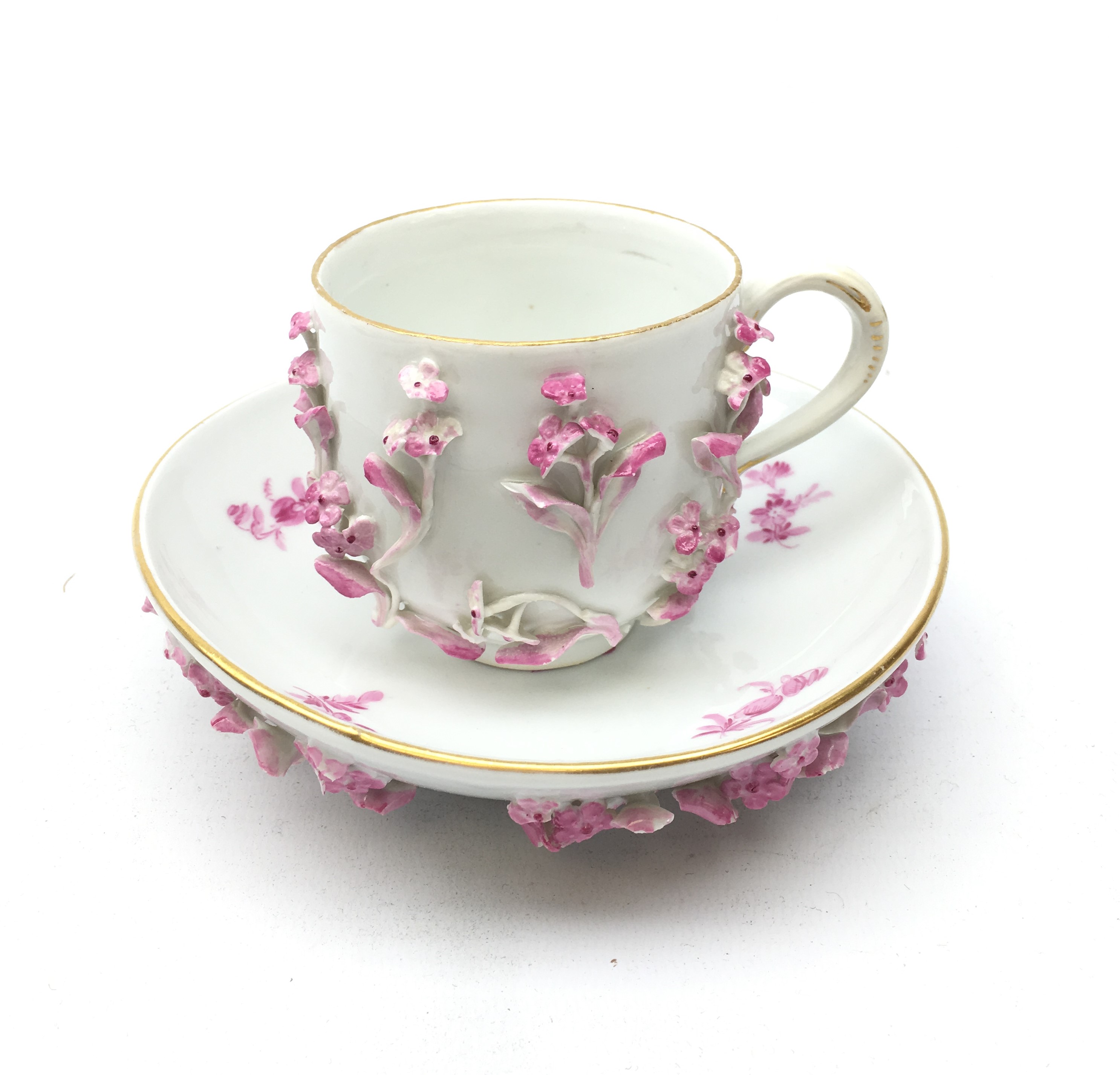 Meissen pink floral encrusted cup and saucer (2) Condition Report <a