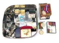 WW2 Defence and War Medal and miniature medals including enamel MBE, 1797 cartwheel penny,