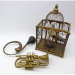 Modern wooden hanging bird cage H50cm containing a carved wooden model of a Seagull,