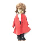 Lenci pressed-felt girl doll, brown painted side glancing eyes, brown bobbed mohair wig,