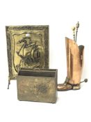 Novelty copper and brass stick/ implement stand in the form of a Military Boot marked 'Lombard