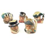 Five Royal Doulton character jugs comprising Mad Hatter, Beefeater, The Falconer,