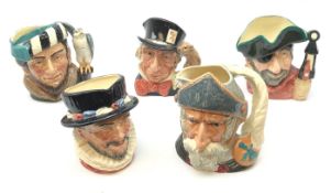Five Royal Doulton character jugs comprising Mad Hatter, Beefeater, The Falconer,