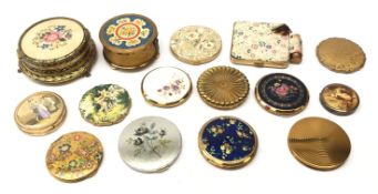 Collection of vintage floral pattern powder compacts and dressing table jars including Stratton,