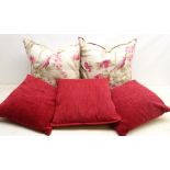 Pair feather filled cushions upholstered in Sanderson pink floral pattern fabric,