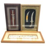 Three framed displays of decorated miniature Oriental knives,