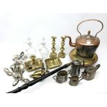 Pair 19th century brass chamber sticks, pair 19th century glass claret jugs with stoppers,