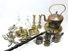 Pair 19th century brass chamber sticks, pair 19th century glass claret jugs with stoppers,