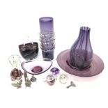 Tall amethyst glass vase of cylindrical form with applied clear glass banding, H41cm,