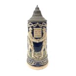 WW1 German relief moulded stein 'Wir halten fest und treu zusammen!' translated to We firmly and