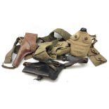 WW2 American webbing belt with ten pouches water bottle and sewing kit, marked HO7F 1943 S.