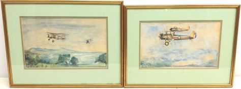 Miles O'Reilly (British 20th century): RAF bi-planes in flight over a mountainous lake landscape,