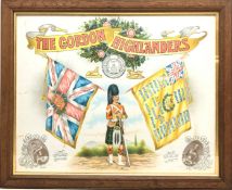 19th century Gordon Highlanders chromolithograph showing flags with Battle Honours to 1900,