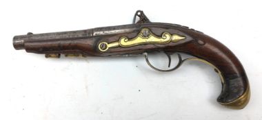 19th century flintlock pocket pistol, 9cm plain steel barrel, action with push safety,