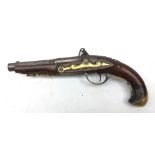 19th century flintlock pocket pistol, 9cm plain steel barrel, action with push safety,