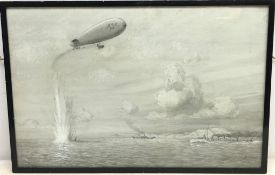 E L Ford, 'Rough Sketch' British Air Ship SSZ 56 bombing a submarine,
