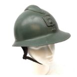 WW2 French Infantry green painted steel helmet, with DP and grenade crest,