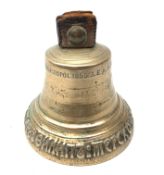 Small Russian cast bronze bell with cyrillic inscription around the base,