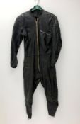 Black leather one-piece flying suit, press stud collar,