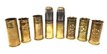 WW1 trench art - eight 37mm brass shell cases comprising set of three with embossed floral