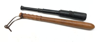 Leather covered black japanned three-drawer pocket telescope with sunshade and leather end caps,