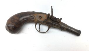 19th century flintlock pocket pistol with 5cm cannon end barrel, action stamped Tower London,