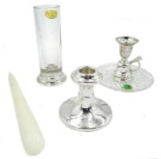 Ex retail: Silver dwarf candlestick, crystal silver mounted chamber stick and and posy vase,