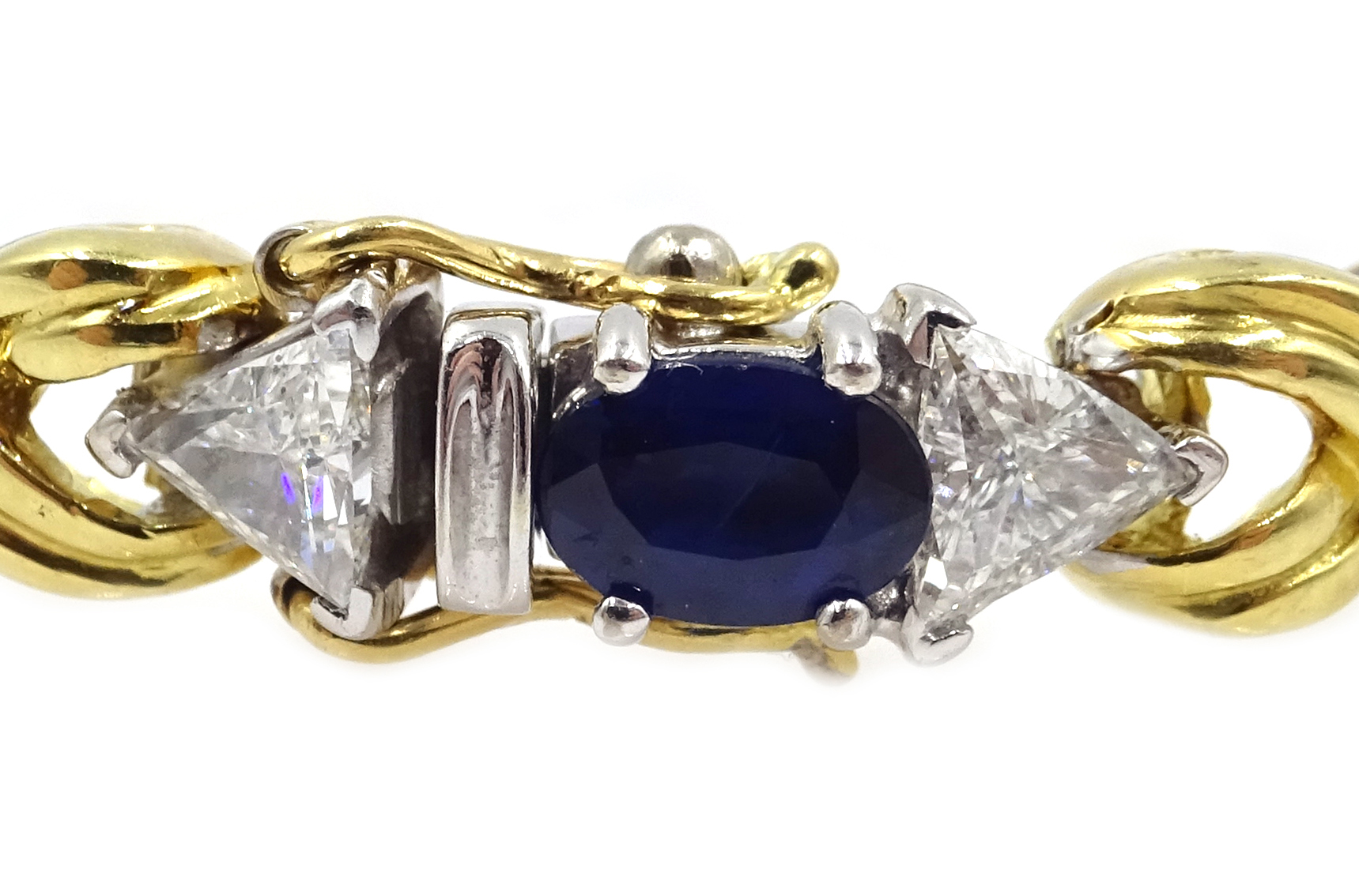 18ct gold eight oval cut sapphire and sixteen trillion cut diamond bracelet, - Image 2 of 7