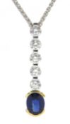 18ct white and yellow gold five round brilliant cut diamond and oval sapphire pendant hallmarked,