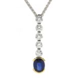 18ct white and yellow gold five round brilliant cut diamond and oval sapphire pendant hallmarked,