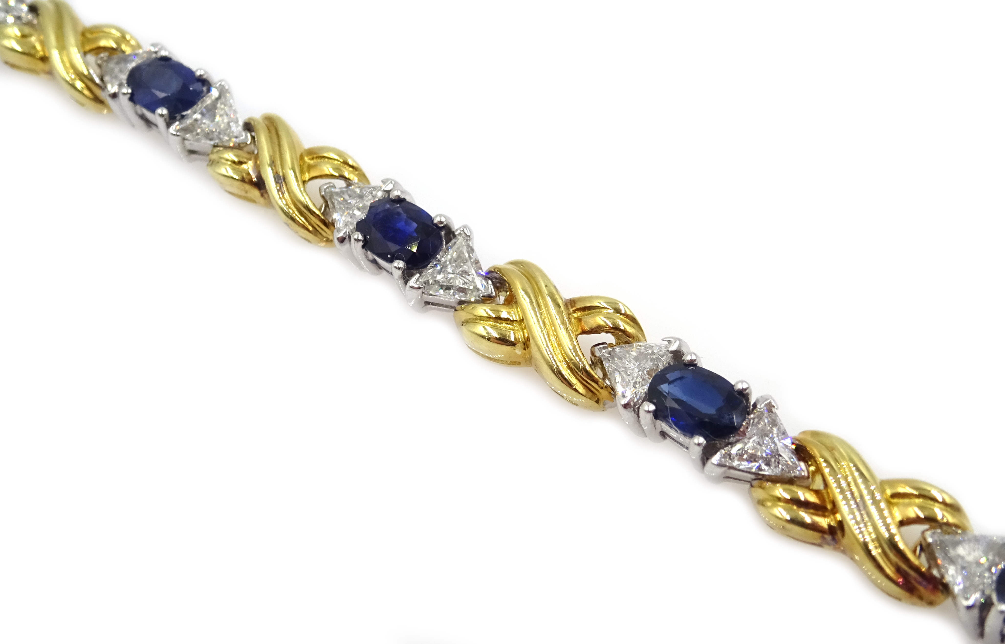 18ct gold eight oval cut sapphire and sixteen trillion cut diamond bracelet, - Image 4 of 7