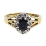 9ct gold sapphire and diamond cluster ring, hallmarked Condition Report Size M,