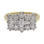 18ct gold baguette and round brilliant cut diamond cluster ring, stamped 750,