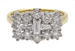 18ct gold baguette and round brilliant cut diamond cluster ring, stamped 750,