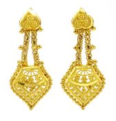 Pair of Asian 22ct gold filigree pendant screw back earrings, stamped 916 22KDM, approx 6.