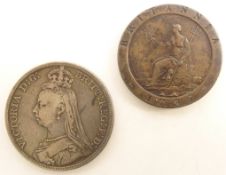 George III 1797 cartwheel penny and a Queen Victoria 1887 crown coin