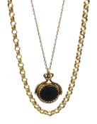 9ct gold double chain necklace with bloodstone and agate fob,