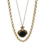 9ct gold double chain necklace with bloodstone and agate fob,