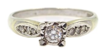 White gold single stone diamond ring, square setting with diamond shoulders,