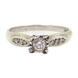 White gold single stone diamond ring, square setting with diamond shoulders,