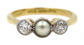 18ct gold old cut diamond and split pearl three stone ring,
