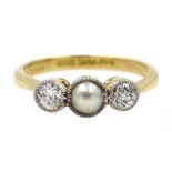 18ct gold old cut diamond and split pearl three stone ring,