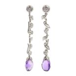 Pair of 18ct white gold (tested) diamond and amethyst adjustable leaf design pendant earrings