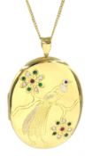 Heavy 18ct gold ruby, emerald and sapphire locket with engraved bird of paradise,