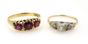 Gold three stone garnet ring,