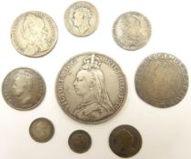 Elizabeth I hammered coin, George II 1758 shilling, George III 1787 sixpence,